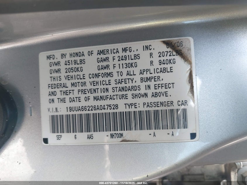 2006 Acura Tl VIN: 19UUA66226A047528 Lot: 43701260