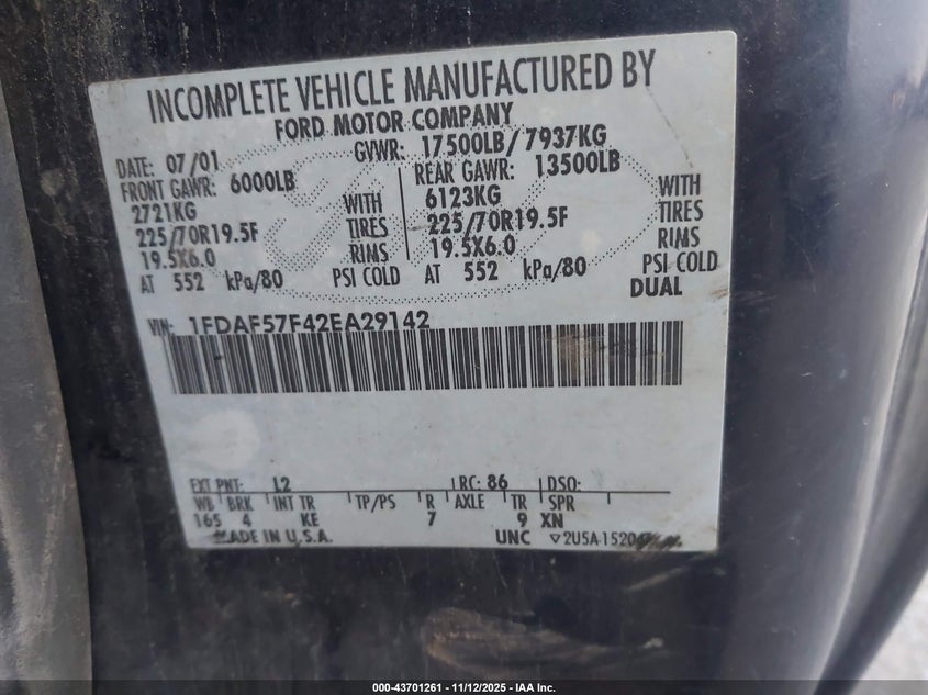 2002 Ford F-550 Xl/Xlt VIN: 1FDAF57F42EA29142 Lot: 43701261