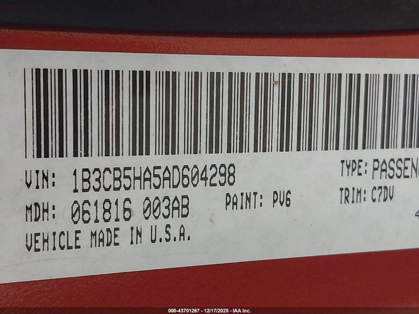 2010 Dodge Caliber Heat VIN: 1B3CB5HA5AD604298 Lot: 43701267