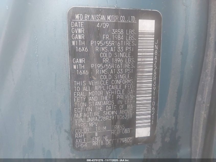 2009 Nissan Cube 1.8Sl VIN: JN8AZ28R39T106211 Lot: 43701276