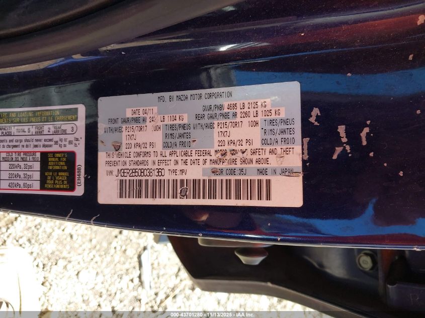 2011 Mazda Cx-7 I Sport VIN: JM3ER2B50B0381360 Lot: 43701280