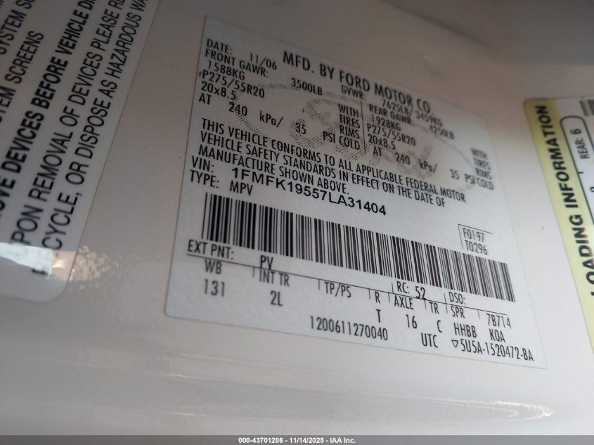 2007 Ford Expedition El Limited VIN: 1FMFK19557LA31404 Lot: 43701286