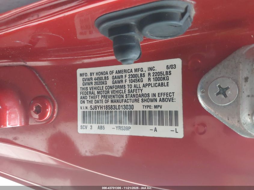 2003 Honda Element Ex VIN: 5J6YH18583L013030 Lot: 43701306