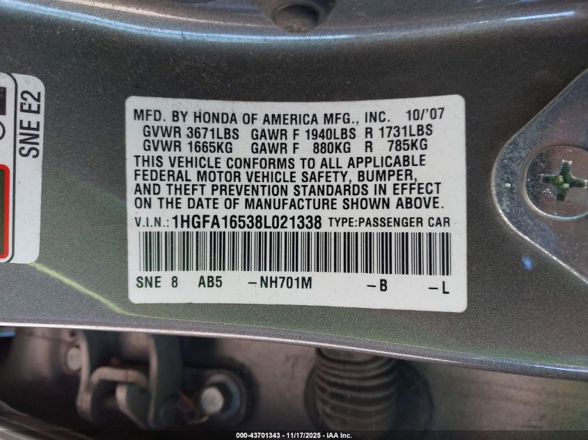 2008 Honda Civic Lx VIN: 1HGFA16538L021338 Lot: 43701343