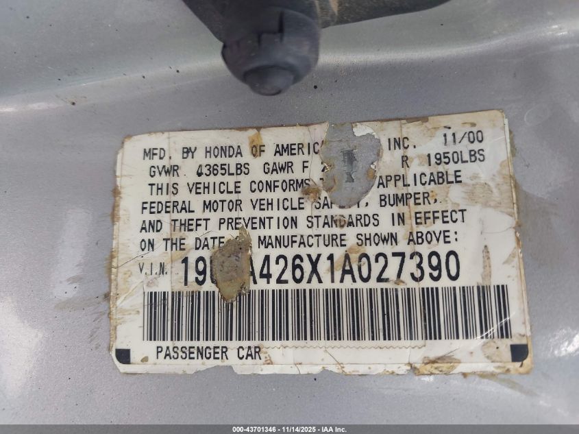 2001 Acura Cl 3.2 Type S VIN: 19UYA426X1A027390 Lot: 43701346