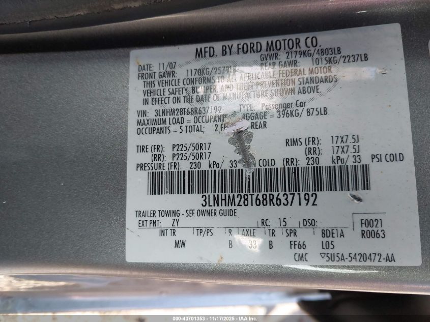 2008 Lincoln Mkz VIN: 3LNHM28T68R637192 Lot: 43701353