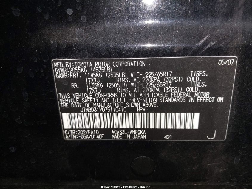 2007 Toyota Rav4 Limited VIN: JTMBD31V075110410 Lot: 43701359