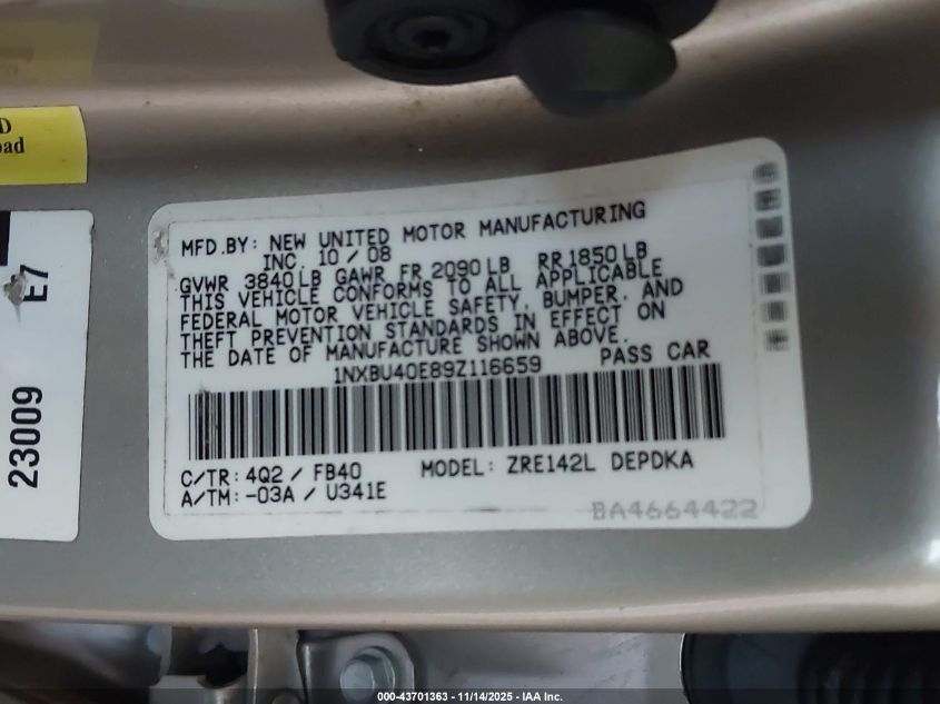 2009 Toyota Corolla Le VIN: 1NXBU40E89Z116659 Lot: 43701363