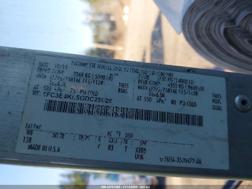 2016 Ford E-450 Stripped VIN: 1FC3E4KL5GDC25028 Lot: 43701369