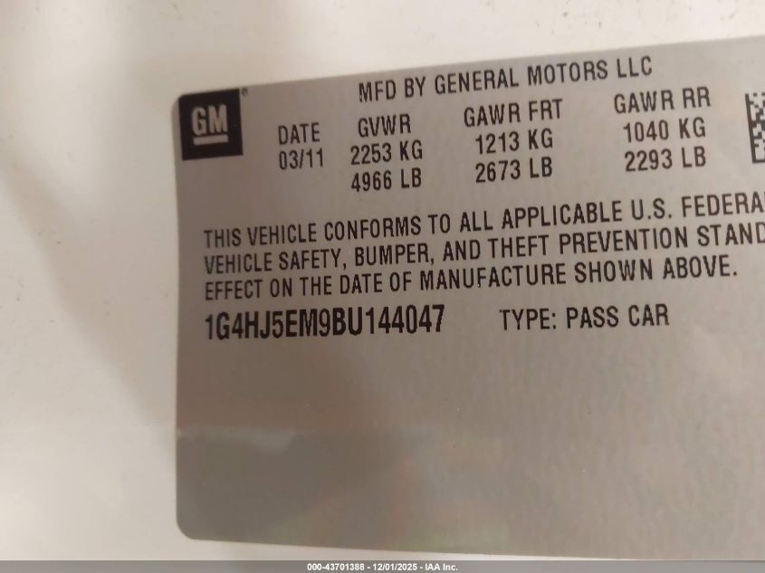 2011 Buick Lucerne Cxl Premium VIN: 1G4HJ5EM9BU144047 Lot: 43701388