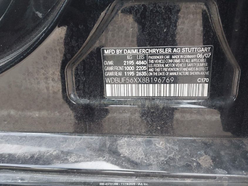 2008 Mercedes-Benz E 350 VIN: WDBUF56XX8B196769 Lot: 43701396