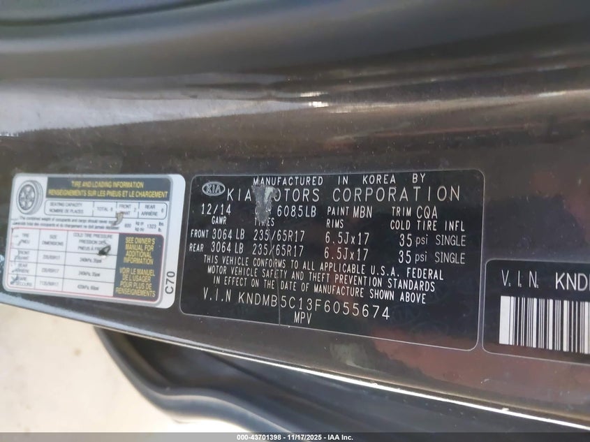 2015 Kia Sedona Lx VIN: KNDMB5C13F6055674 Lot: 43701398