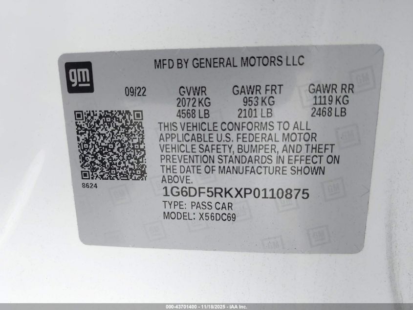 2023 Cadillac Ct4 Premium Luxury VIN: 1G6DF5RKXP0110875 Lot: 43701400