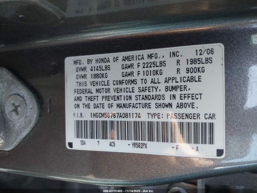 2007 Honda Accord 2.4 Ex VIN: 1HGCM56767A081174 Lot: 43701402