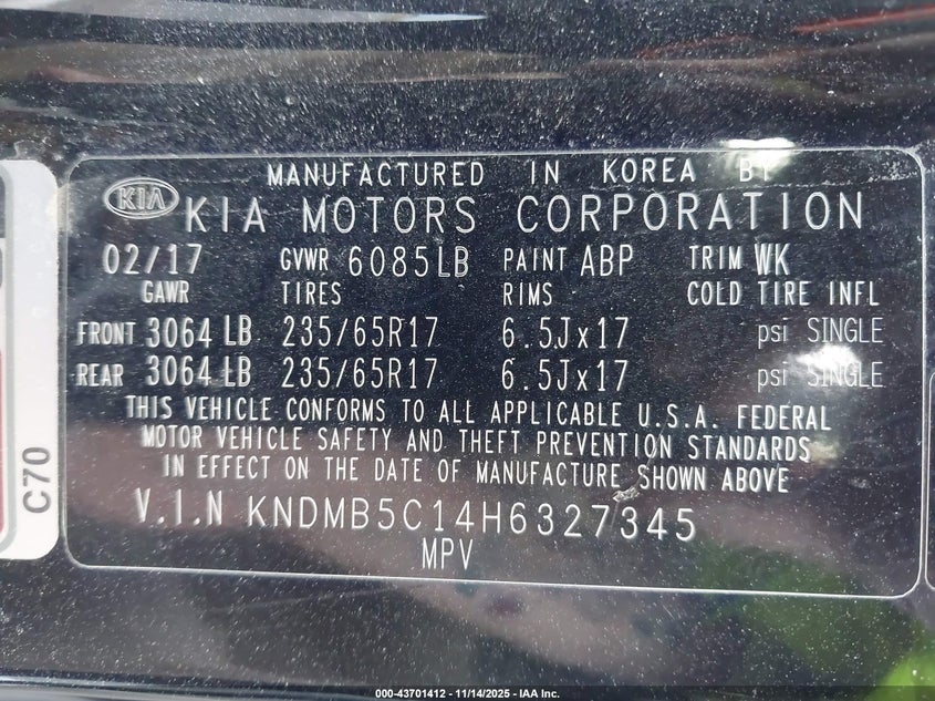 2017 Kia Sedona Lx VIN: KNDMB5C14H6327345 Lot: 43701412