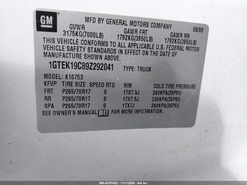 2009 GMC Sierra 1500 Sl VIN: 1GTEK19C89Z292041 Lot: 43701422