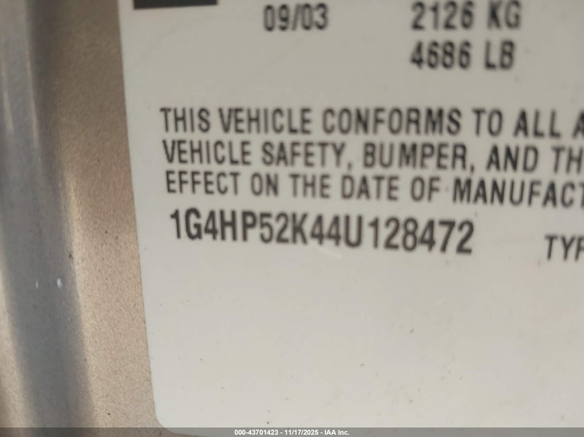 2004 Buick Lesabre Custom VIN: 1G4HP52K44U128472 Lot: 43701423