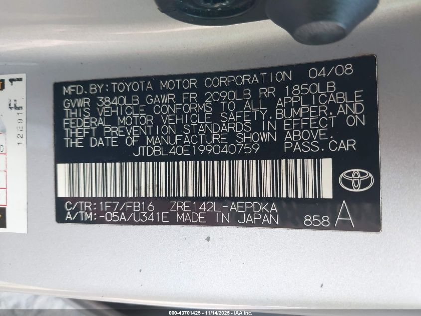 2009 Toyota Corolla Le VIN: JTDBL40E199040759 Lot: 43701425