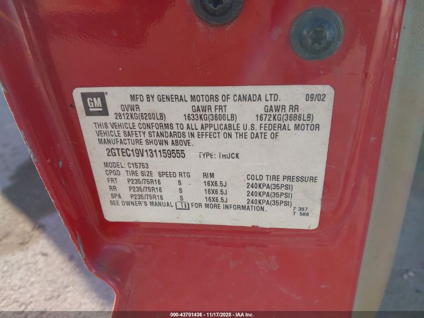 2003 GMC Sierra 1500 Sle VIN: 2GTEC19V131159555 Lot: 43701436