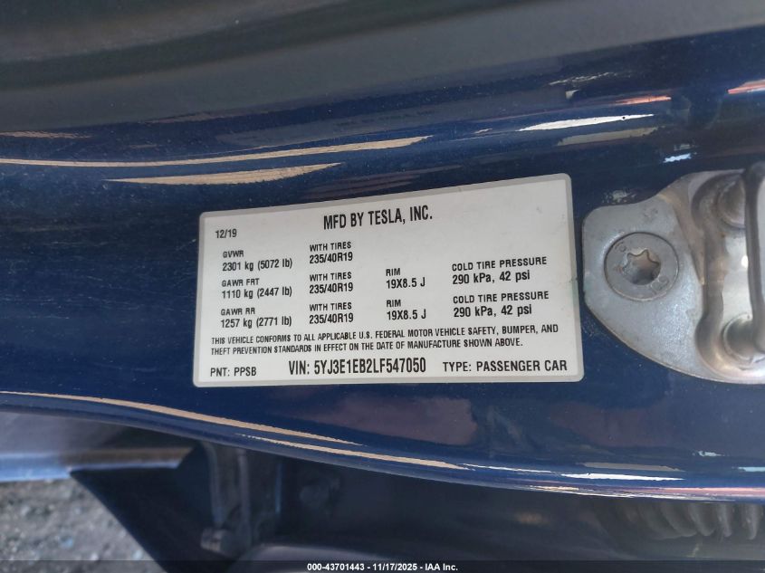 2020 Tesla Model 3 Long Range VIN: 5YJ3E1EB2LF547050 Lot: 43701443