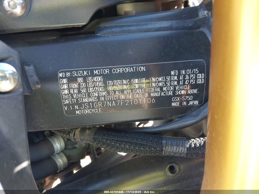 2015 Suzuki Gsx-S750 VIN: JS1GR7NA7F2101106 Lot: 43701446