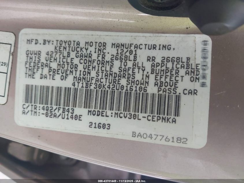 2002 Toyota Camry Le V6 VIN: 4T1BF30K42U016106 Lot: 43701449