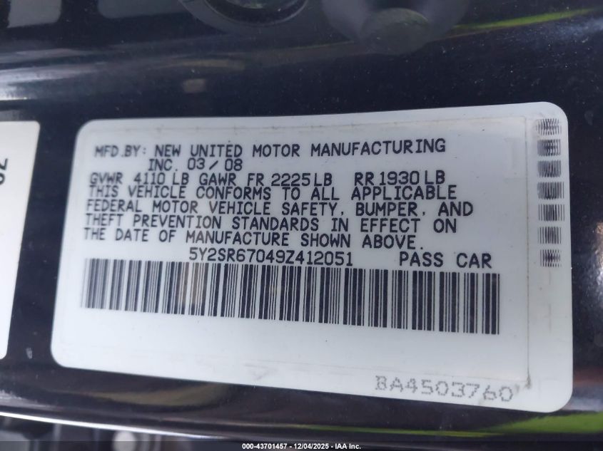 2009 Pontiac Vibe Gt VIN: 5Y2SR67049Z412051 Lot: 43701457