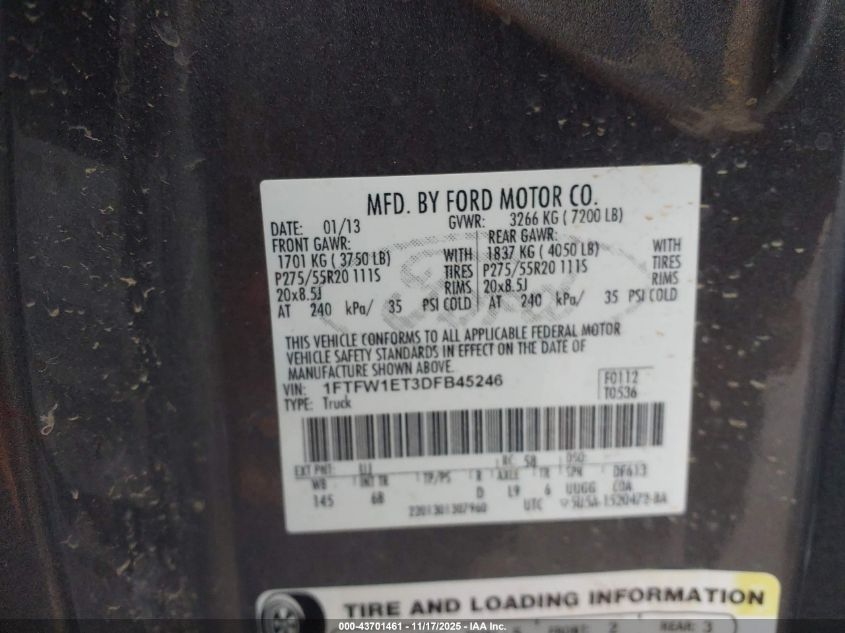 2013 Ford F-150 Fx4 VIN: 1FTFW1ET3DFB45246 Lot: 43701461