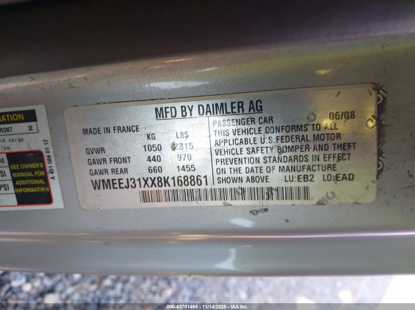 2008 Smart Fortwo Passion/Pure VIN: WMEEJ31XX8K168861 Lot: 43701466