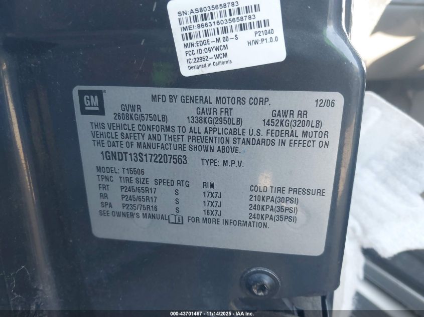 2007 Chevrolet Trailblazer Lt VIN: 1GNDT13S172207563 Lot: 43701467