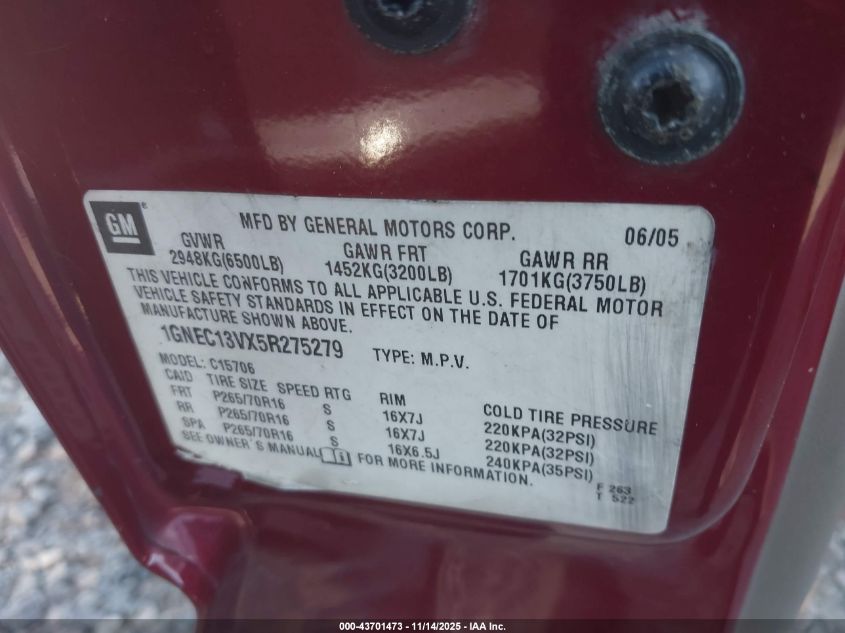 2005 Chevrolet Tahoe Ls/Lt/Z71 VIN: 1GNEC13ZX5R275279 Lot: 43701473