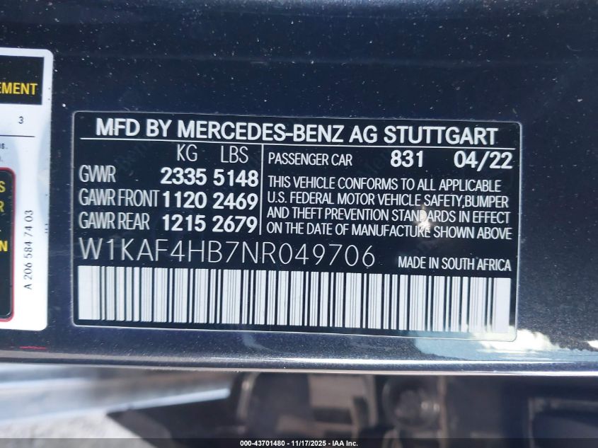 2022 Mercedes-Benz C 300 4Matic VIN: W1KAF4HB7NR049706 Lot: 43701480