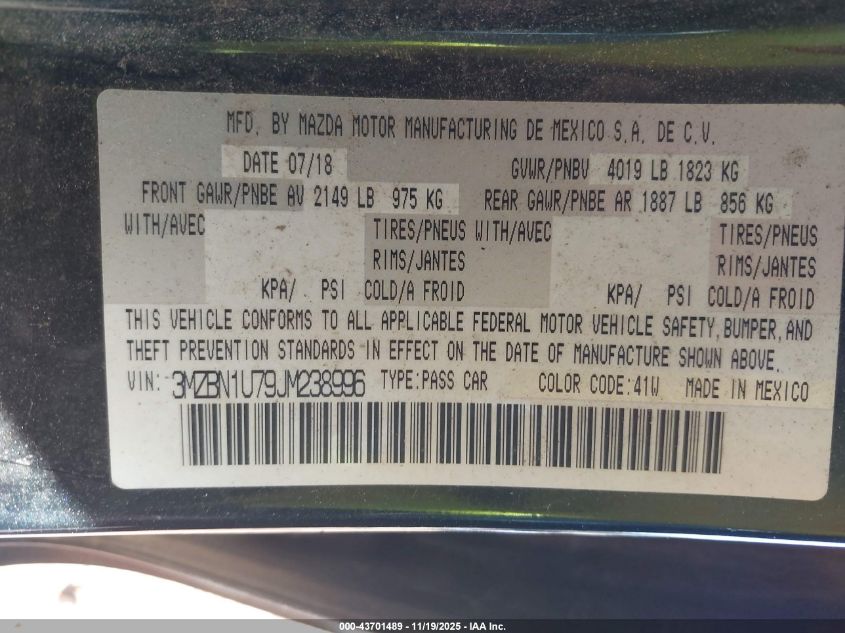 2018 Mazda Mazda3 Sport VIN: 3MZBN1U79JM238996 Lot: 43701489