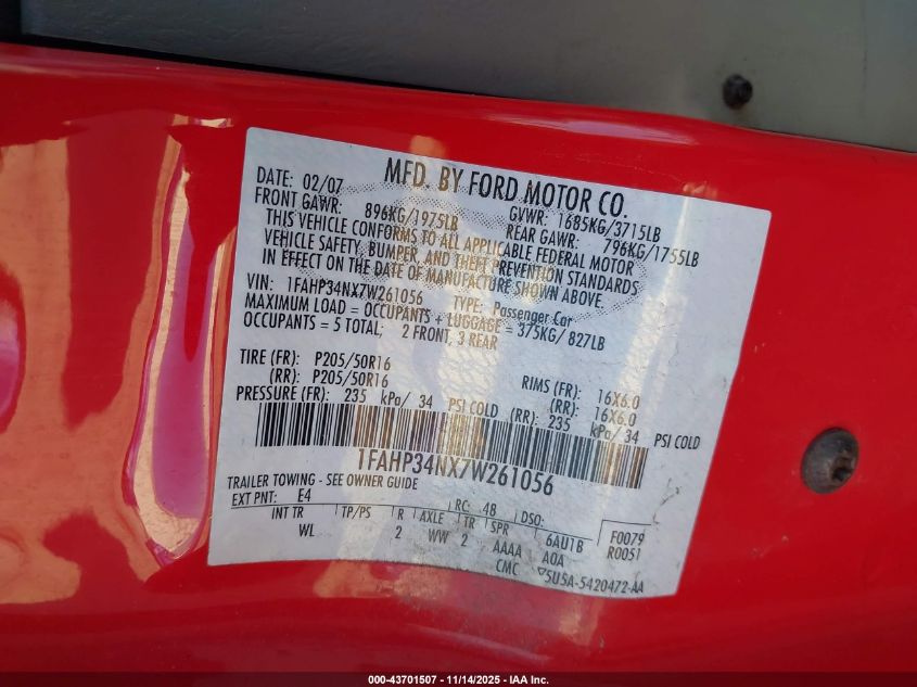 2007 Ford Focus S/Se/Ses VIN: 1FAHP34NX7W261056 Lot: 43701507