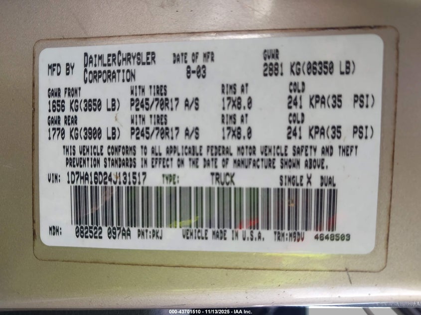 2004 Dodge Ram 1500 Slt/Laramie VIN: 1D7HA16D24J131517 Lot: 43701510
