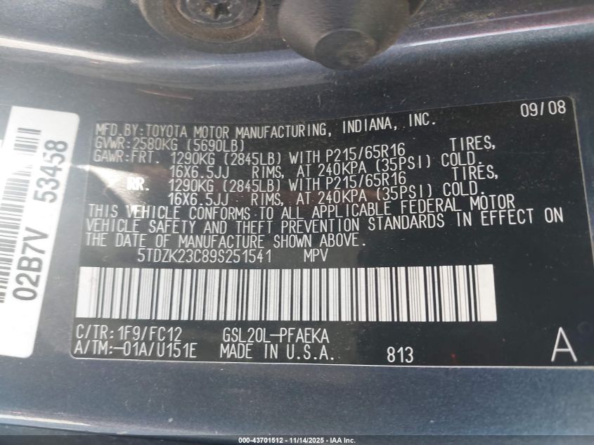 2009 Toyota Sienna Le VIN: 5TDZK23C89S251541 Lot: 43701512