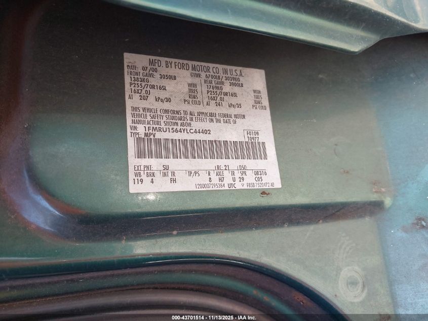 2000 Ford Expedition Xlt VIN: 1FMRU1564YLC44402 Lot: 43701514