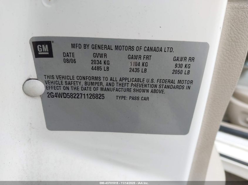2007 Buick Lacrosse Cxl VIN: 2G4WD582271126825 Lot: 43701515
