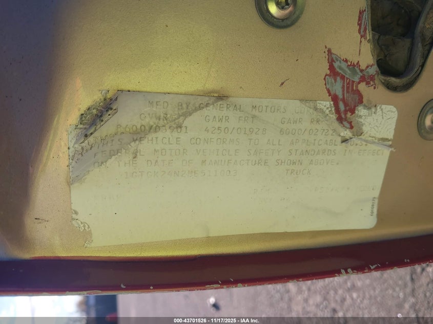 1991 GMC Sierra K2500 VIN: 1GTGK24N2ME511003 Lot: 43701526