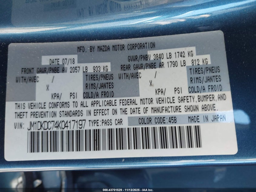 2019 Mazda Cx-3 Touring VIN: JM1DKDC74K0417197 Lot: 43701529