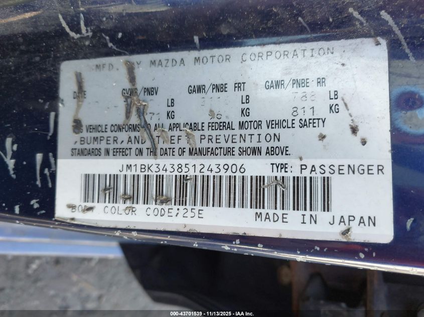 2005 Mazda Mazda3 S VIN: JM1BK343851243906 Lot: 43701539