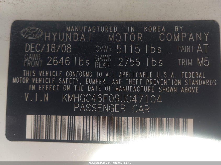 2009 Hyundai Genesis 4.6 VIN: KMHGC46F09U047104 Lot: 43701541