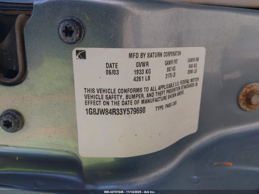 1G8JW84R33Y579690 2003 SATURN LW photo no. 9