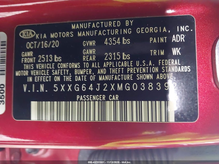 2021 Kia K5 Gt-Line VIN: 5XXG64J2XMG038392 Lot: 43701551