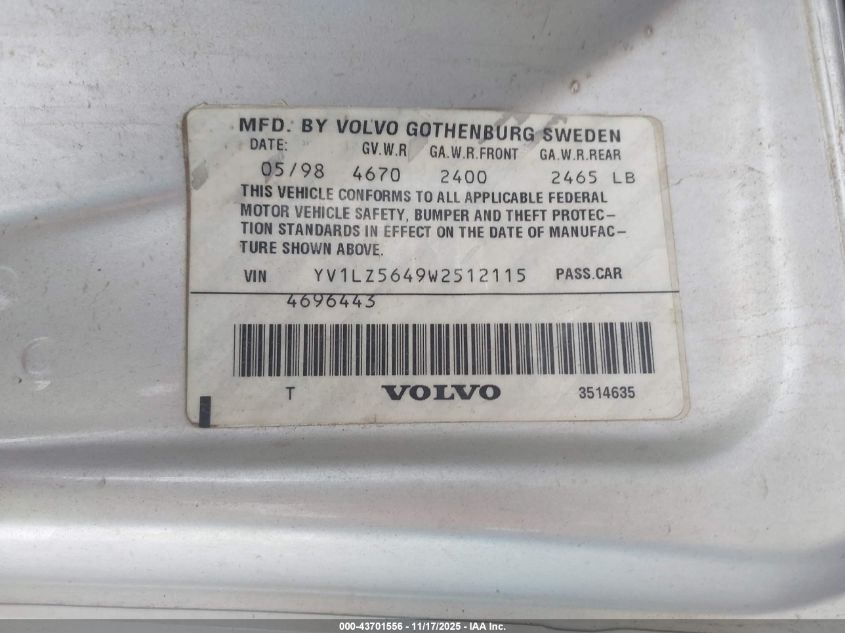 1998 Volvo V70 Awd VIN: YV1LZ5649W2512115 Lot: 43701556