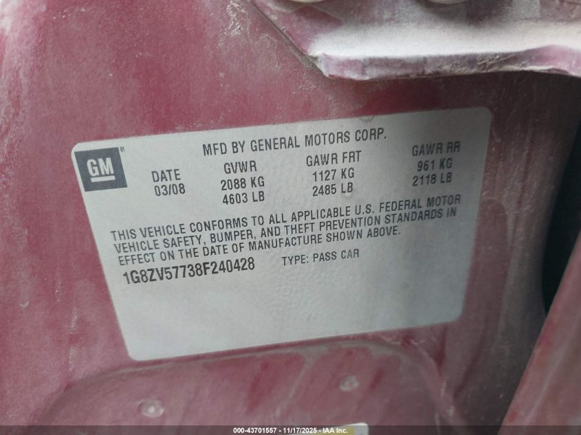 2008 Saturn Aura Xr VIN: 1G8ZV57738F240428 Lot: 43701557