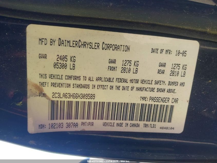 2006 Chrysler 300C VIN: 2C3LA63H66H309589 Lot: 43701562