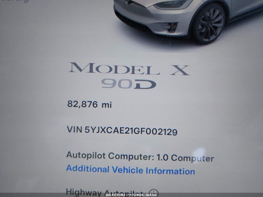 2016 Tesla Model X 60D/70D/75D/90D VIN: 5YJXCAE21GF002129 Lot: 43701563