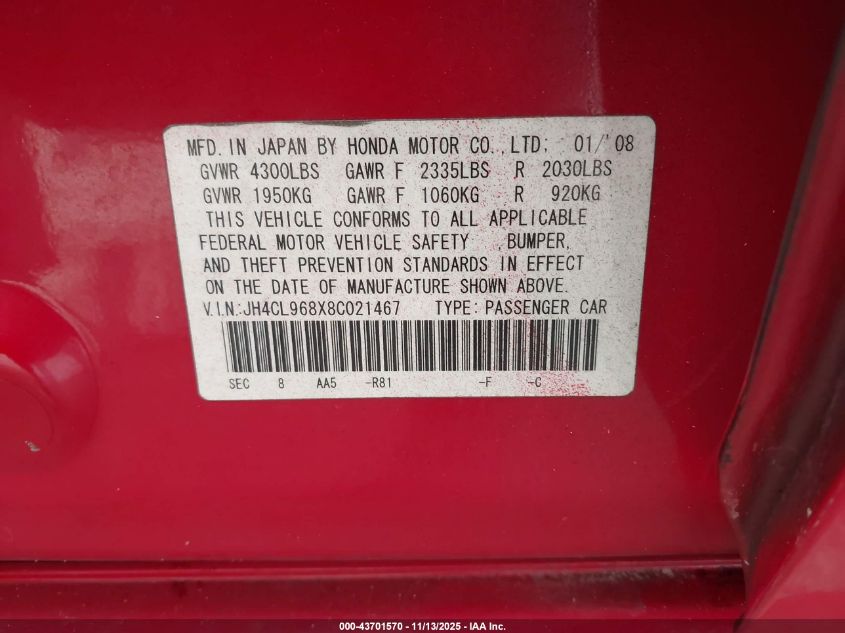 2008 Acura Tsx VIN: JH4CL968X8C021467 Lot: 43701570