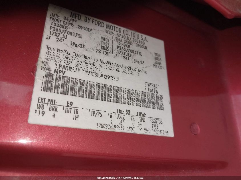 2003 Ford Expedition Eddie Bauer VIN: 1FMRU17WX3LA09315 Lot: 43701575